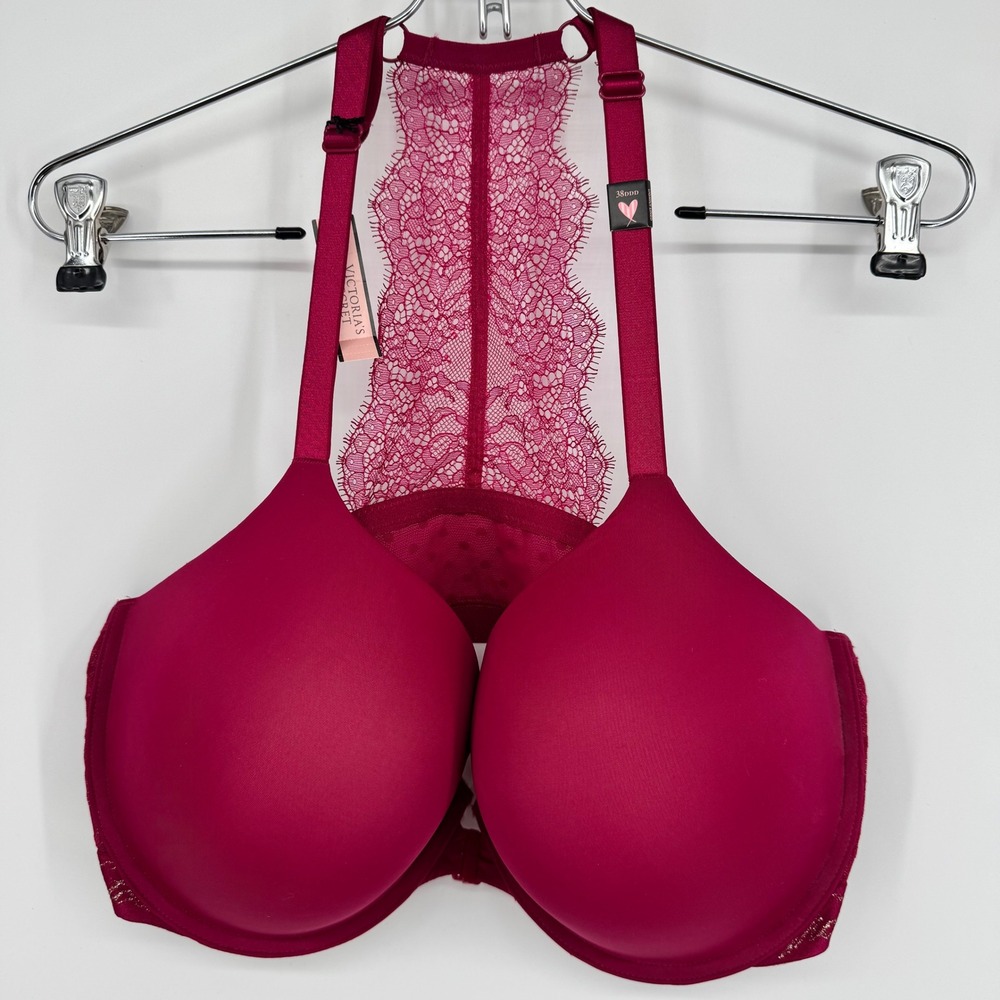 Victorias Secret Lightly Lined Racerback Lace T-Back Front Close Bra 38DDD Pink